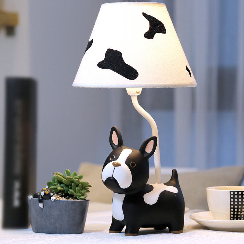 Cartoon Resin Dog Nightstand Lamp - Black And White Table Lighting With Empire Shade