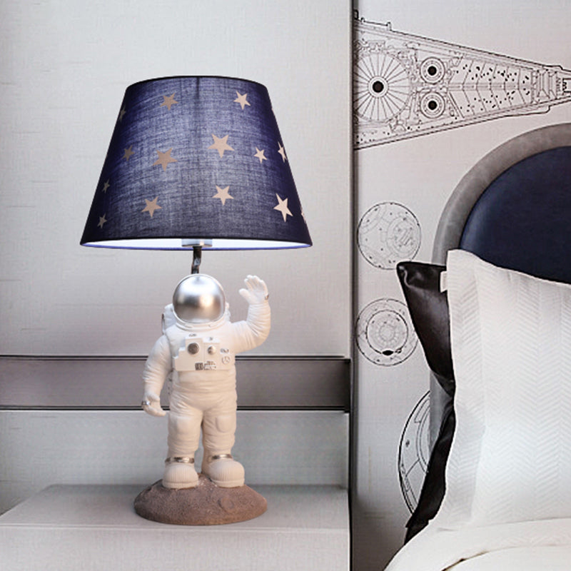 Cartoon Astronaut Table Lamp With Star Patterned Fabric Shade - Perfect Nightstand Lighting For Kids