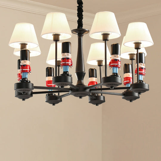 Kids Style Black Tapered Ceiling Lighting With Pleated Fabric Chandelier And Soldier Decor
