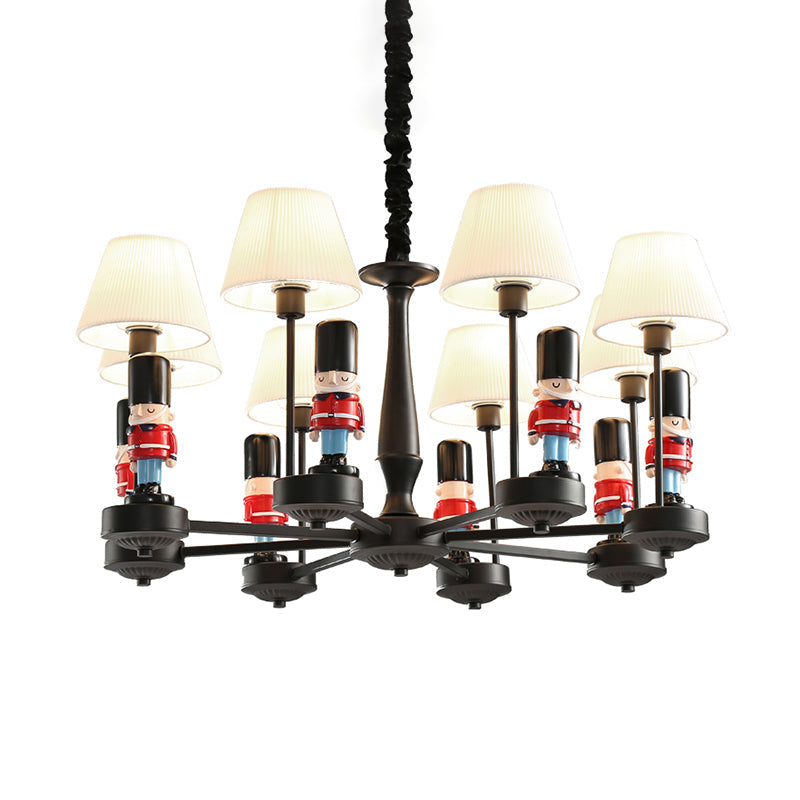 Kids Style Black Tapered Ceiling Lighting With Pleated Fabric Chandelier And Soldier Decor