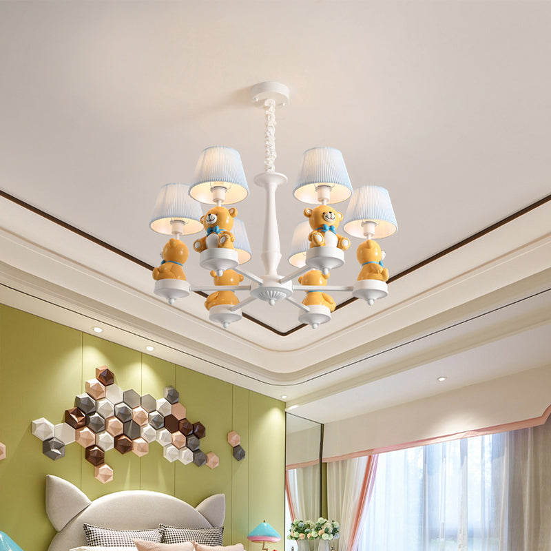White Pleated Fabric Kids Bucket Chandelier With Decorative Bear Child Room Pendant Light