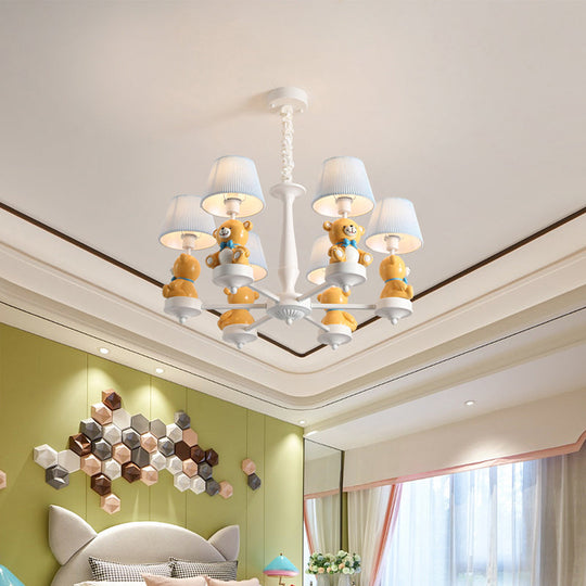 White Pleated Fabric Kids Bucket Chandelier With Decorative Bear Child Room Pendant Light 6 /