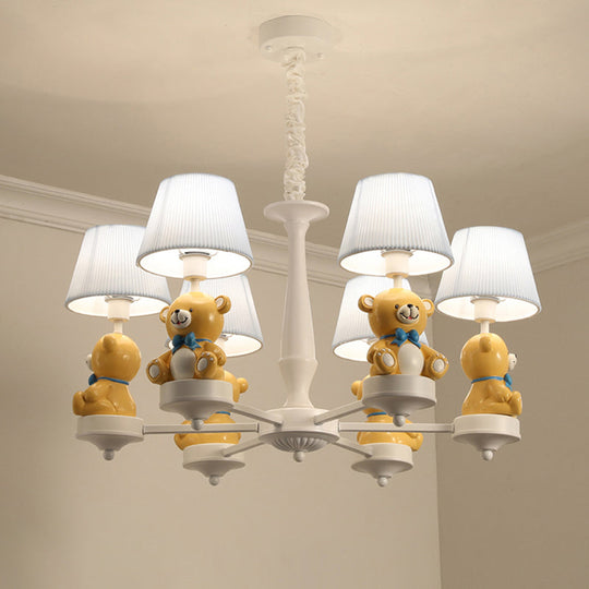 White Pleated Fabric Kids Bucket Chandelier With Decorative Bear Child Room Pendant Light