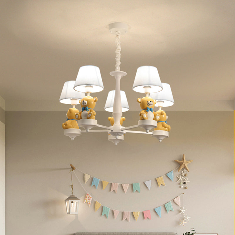 White Pleated Fabric Kids Bucket Chandelier With Decorative Bear Child Room Pendant Light 5 /