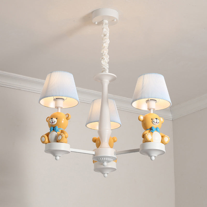 White Pleated Fabric Kids Bucket Chandelier With Decorative Bear Child Room Pendant Light 3 /