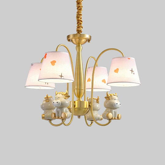 White Resin Nursery Chandelier With Animal Suspension Light & Empire Shade For Kids 4 / Cow