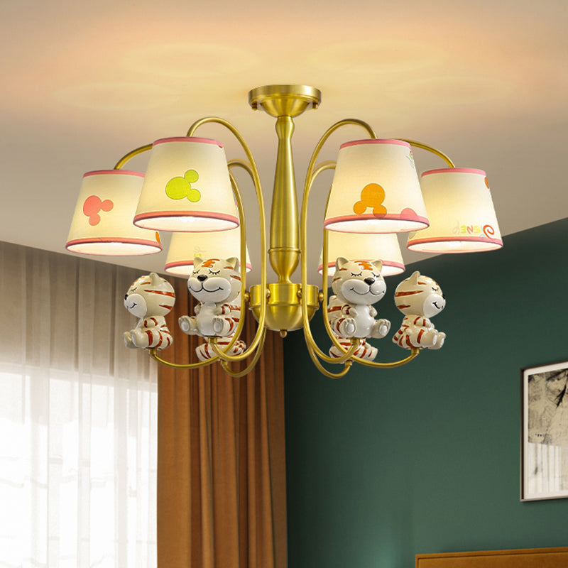 White Resin Nursery Chandelier With Animal Suspension Light & Empire Shade For Kids 6 / Tiger