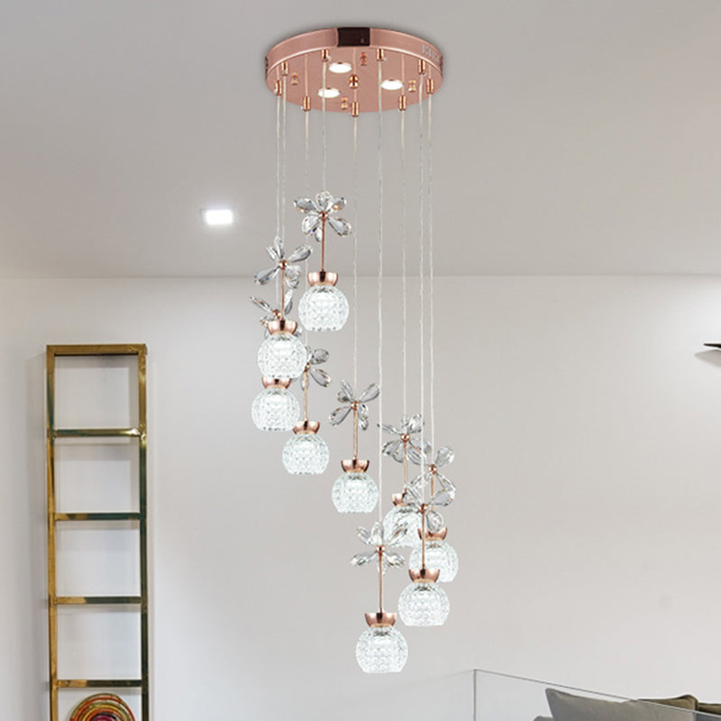 Rose Gold Floral Staircase Led Pendant With Crystal Dome Shade