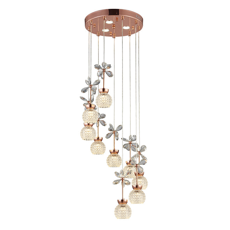 Rose Gold Floral Staircase Multi-Light Pendant with LED Dome Shade