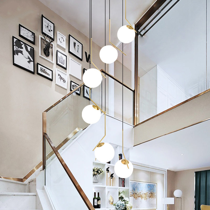 Opal Glass Staircase Pendant Light In Gold - Hanging Multi-Light With Ball Shade