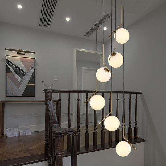 Opal Glass Staircase Pendant Light In Gold - Hanging Multi-Light With Ball Shade