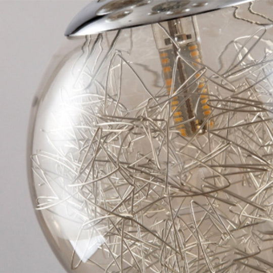 Modern Tan Glass Sphere Shade Suspension Light Pendant With Chrome Multi Bulb Design