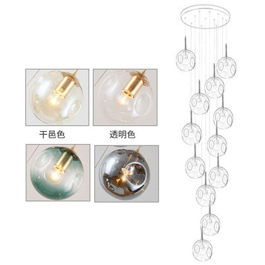 Zephyr - Handblown Glass Ball Multi Light Pendant Modern Cognac Hanging Lighting for Staircase