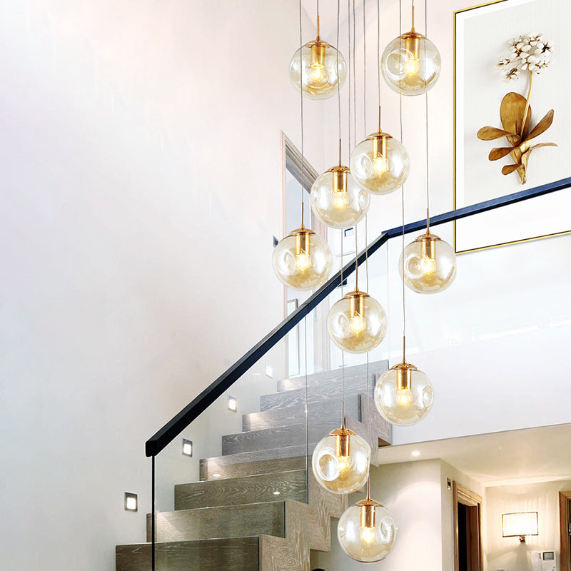 Zephyr - Handblown Glass Ball Multi Light Pendant Modern Cognac Hanging Lighting for Staircase