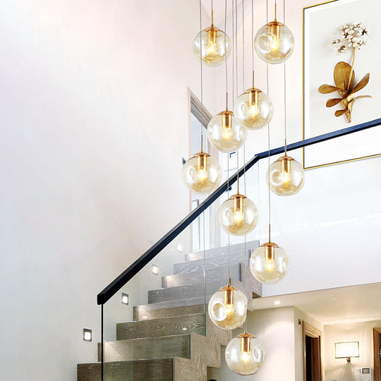 Cognac Glass Ball Multi-Light Pendant: Modern Hanging Lighting For Staircase 10 /