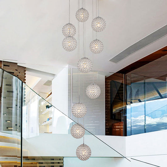 Hollowed Ball Silver Ceiling Lamp With 10 Metallic Bulbs - Artistic Staircase Suspension Light