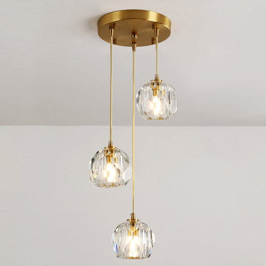 Modern Crystal Pendant Light with Dome Shade, Brass Staircase Suspension Fixture