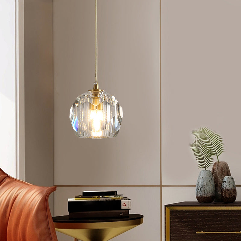 Dome Shade Pendant Light - Contemporary Faceted Crystal Suspension Fixture In Brass 1 /