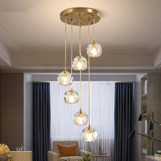 Modern Crystal Pendant Light with Dome Shade, Brass Staircase Suspension Fixture