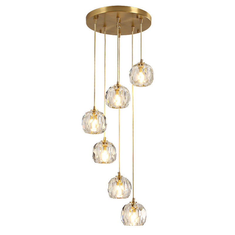 Dome Shade Pendant Light - Contemporary Faceted Crystal Suspension Fixture In Brass