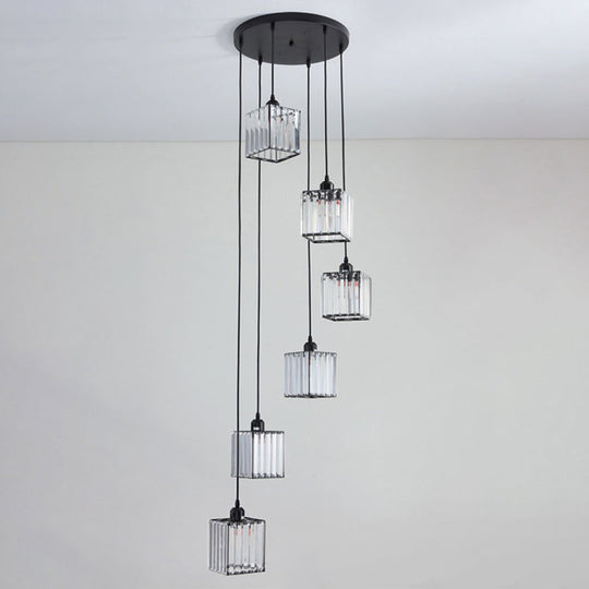 Modern Black Crystal Spiral Cube Pendant Light - 6 Bulbs Multi Light Hanging Fixture