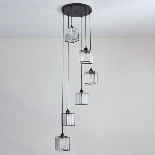 Modern Tri-Prism Crystal Spiral Cube Pendant Light - Black 6 Bulbs