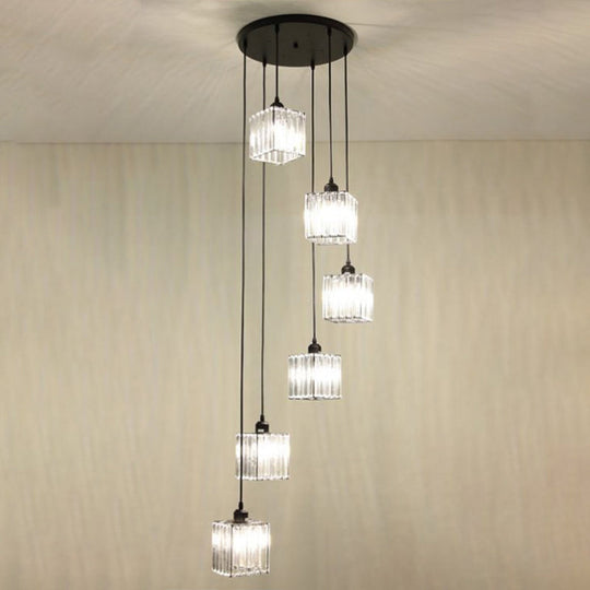 Modern Tri-Prism Crystal Spiral Cube Pendant Light - Black 6 Bulbs