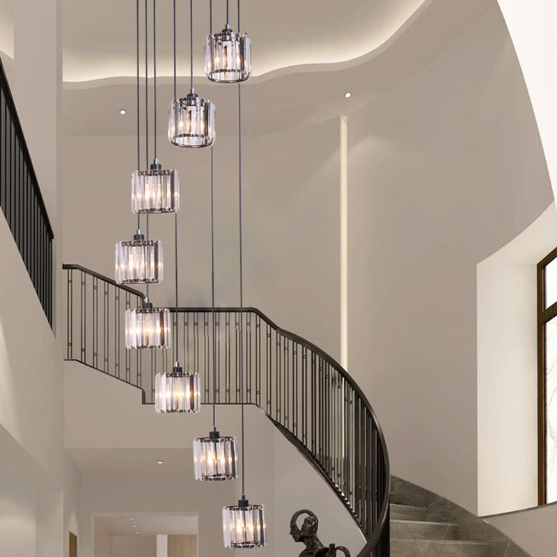 Contemporary Multi-Light Pendant With Geometrical Glass Shade For Staircase Suspension 8 / Black