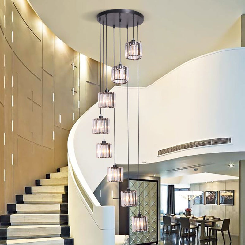 Contemporary Multi-Light Pendant With Geometrical Glass Shade For Staircase Suspension