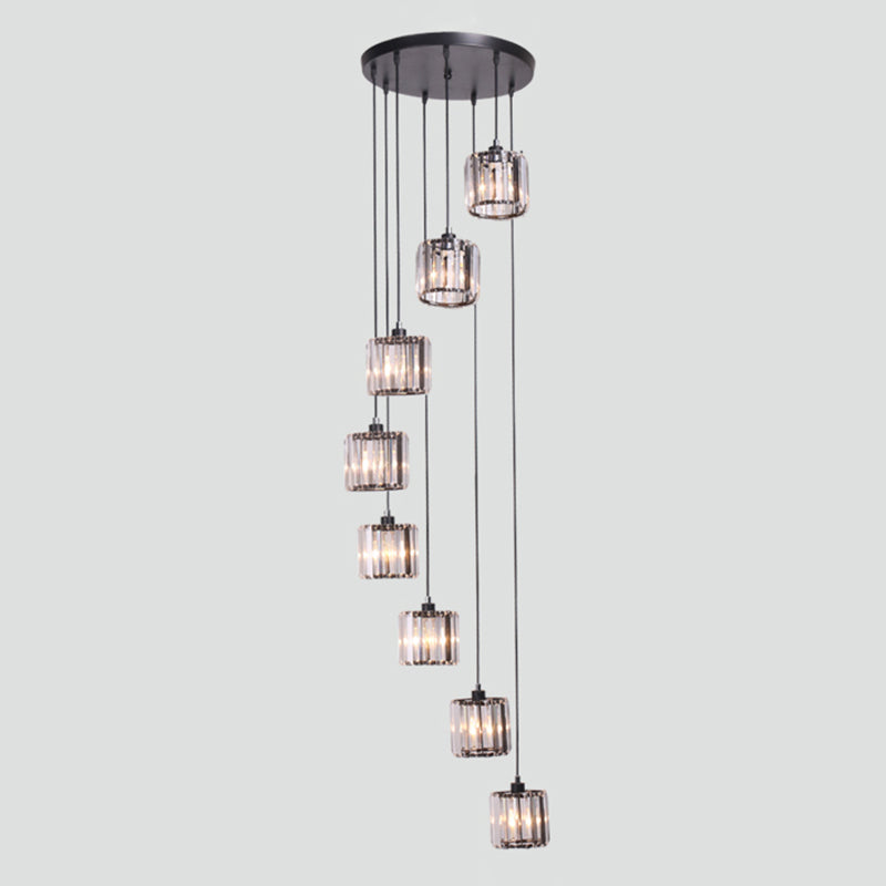 Contemporary Multi-Light Pendant With Geometrical Glass Shade For Staircase Suspension