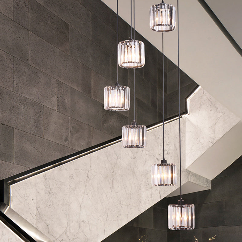 Contemporary Multi-Light Pendant With Geometrical Glass Shade For Staircase Suspension