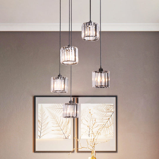 Contemporary Multi-Light Pendant With Geometrical Glass Shade For Staircase Suspension 5 / Black