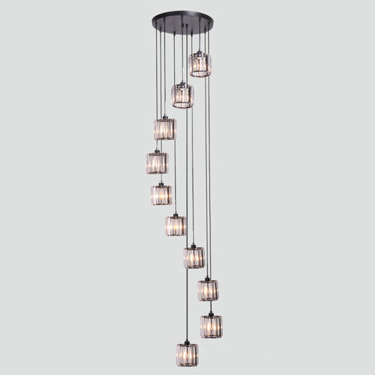 Contemporary Multi-Light Pendant With Geometrical Glass Shade For Staircase Suspension 10 / Black