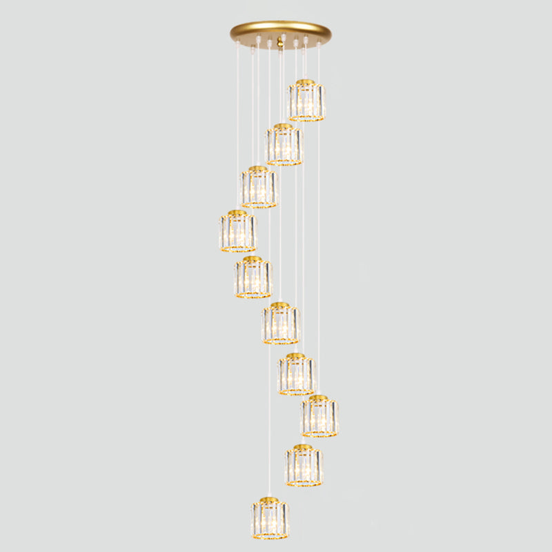 Contemporary Multi-Light Pendant With Geometrical Glass Shade For Staircase Suspension 10 / Gold