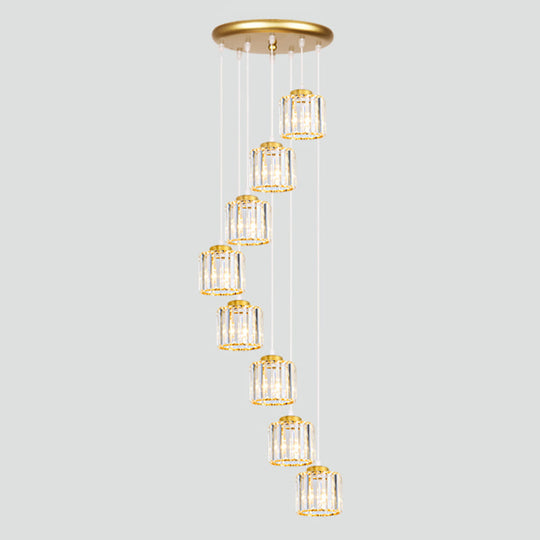 Contemporary Multi-Light Pendant With Geometrical Glass Shade For Staircase Suspension 8 / Gold