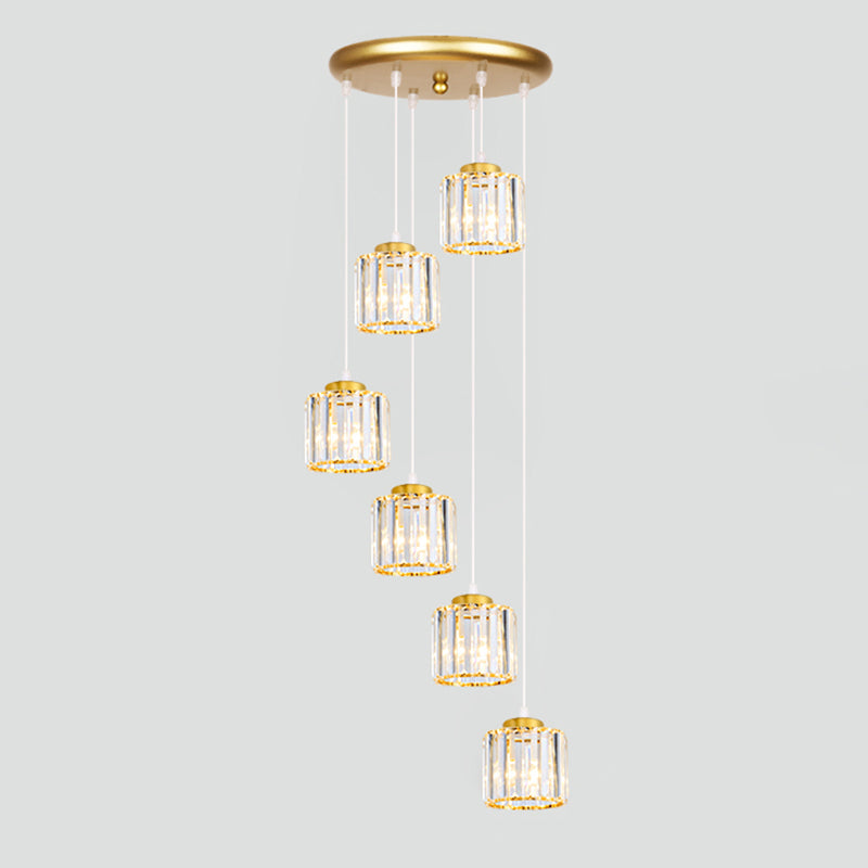 Contemporary Multi-Light Pendant With Geometrical Glass Shade For Staircase Suspension 6 / Gold