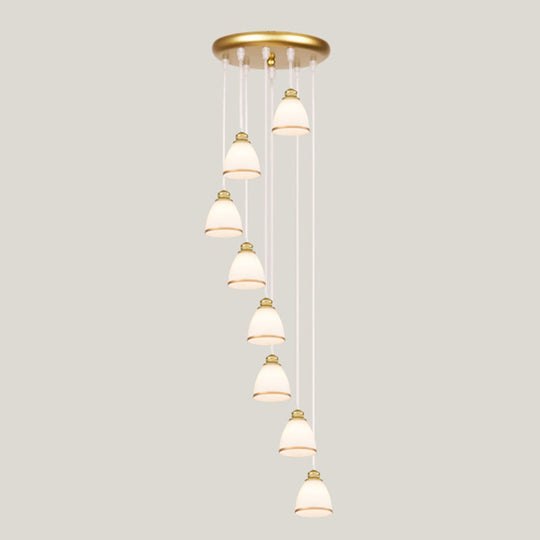 Contemporary Multi-Light Pendant With Geometrical Glass Shade For Staircase Suspension 8 / Gold Cone
