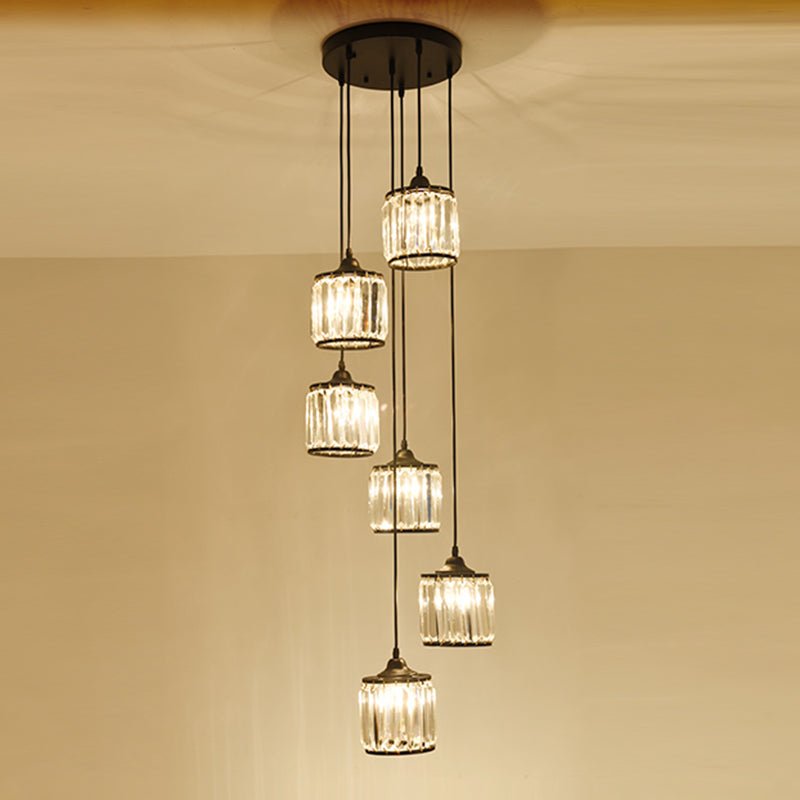 Minimalist Crystal Staircase Suspension Light Fixture - Cylindrical Multi Ceiling Lamp