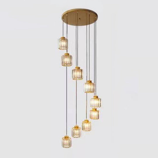 Minimalist Crystal Staircase Suspension Light Fixture - Cylindrical Multi Ceiling Lamp 9 / Gold