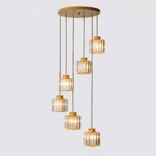 Minimalist Crystal Staircase Suspension Light Fixture - Cylindrical Multi Ceiling Lamp 6 / Gold