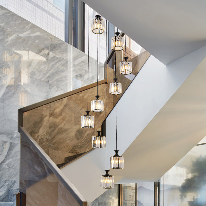 Prismatic Crystal Cylinder Pendant Light with 9 Bulbs for Staircase - Minimalistic and Elegant