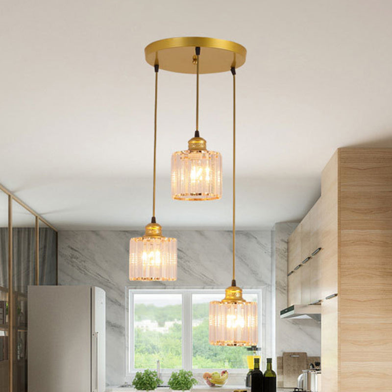 Gold Cylinder Crystal Pendant Light With 3 Bulbs For Contemporary Dining Rooms / Round