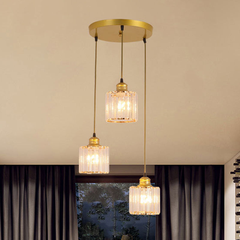 Gold Cylinder Crystal Pendant Light With 3 Bulbs For Contemporary Dining Rooms
