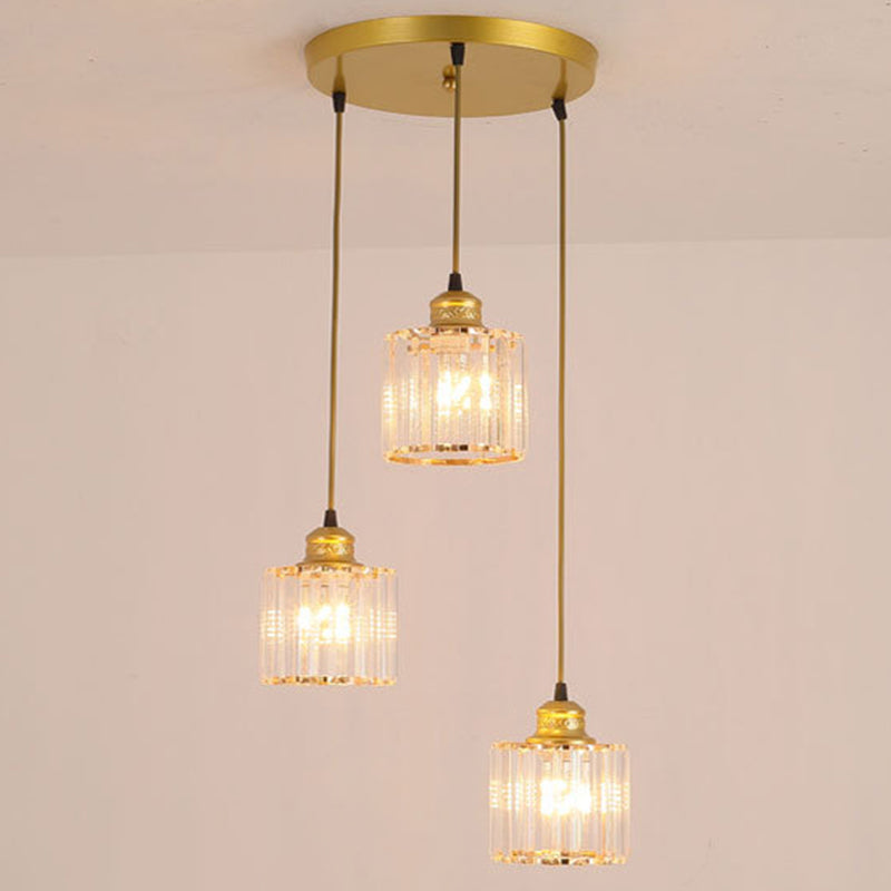 Gold Cylinder Crystal Pendant Light With 3 Bulbs For Contemporary Dining Rooms