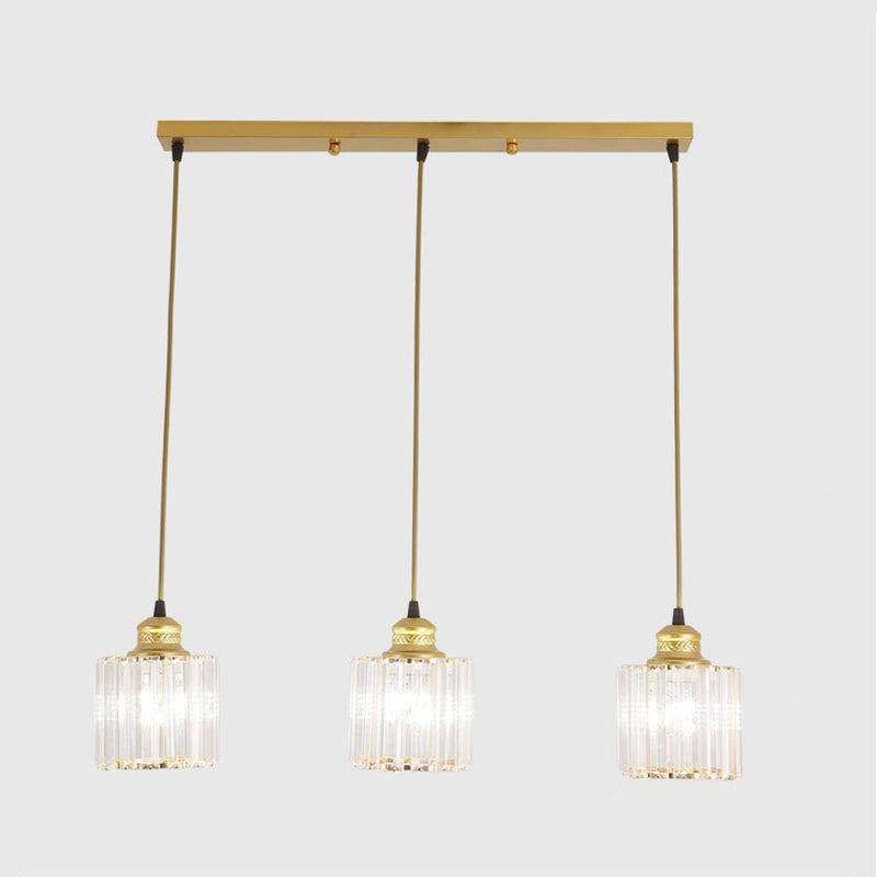 Gold Cylinder Crystal Pendant Light With 3 Bulbs For Contemporary Dining Rooms / Linear
