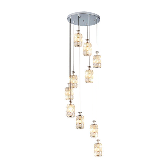 Modern Crystal-Encrusted Cylindrical Ceiling Lamp - 10 Bulbs Suspension Light Fixture For Staircase