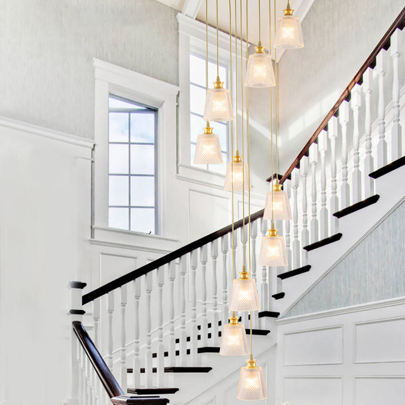 Gold Lattice Glass Staircase Pendant - Bell Shade, 10-Head Simplicity Multi Light