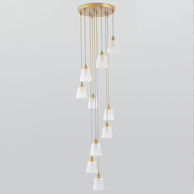 Gold Lattice Glass Staircase Pendant - Bell Shade, 10-Head Simplicity Multi Light