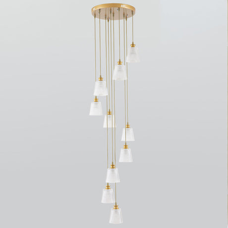Gold 10-Light Staircase Hanging Pendant With Lattice Glass Bell Shades - Simplicity Collection