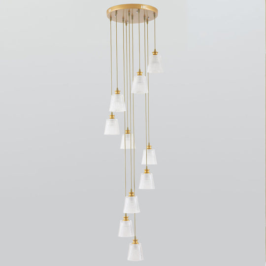 Gold 10-Light Staircase Hanging Pendant With Lattice Glass Bell Shades - Simplicity Collection